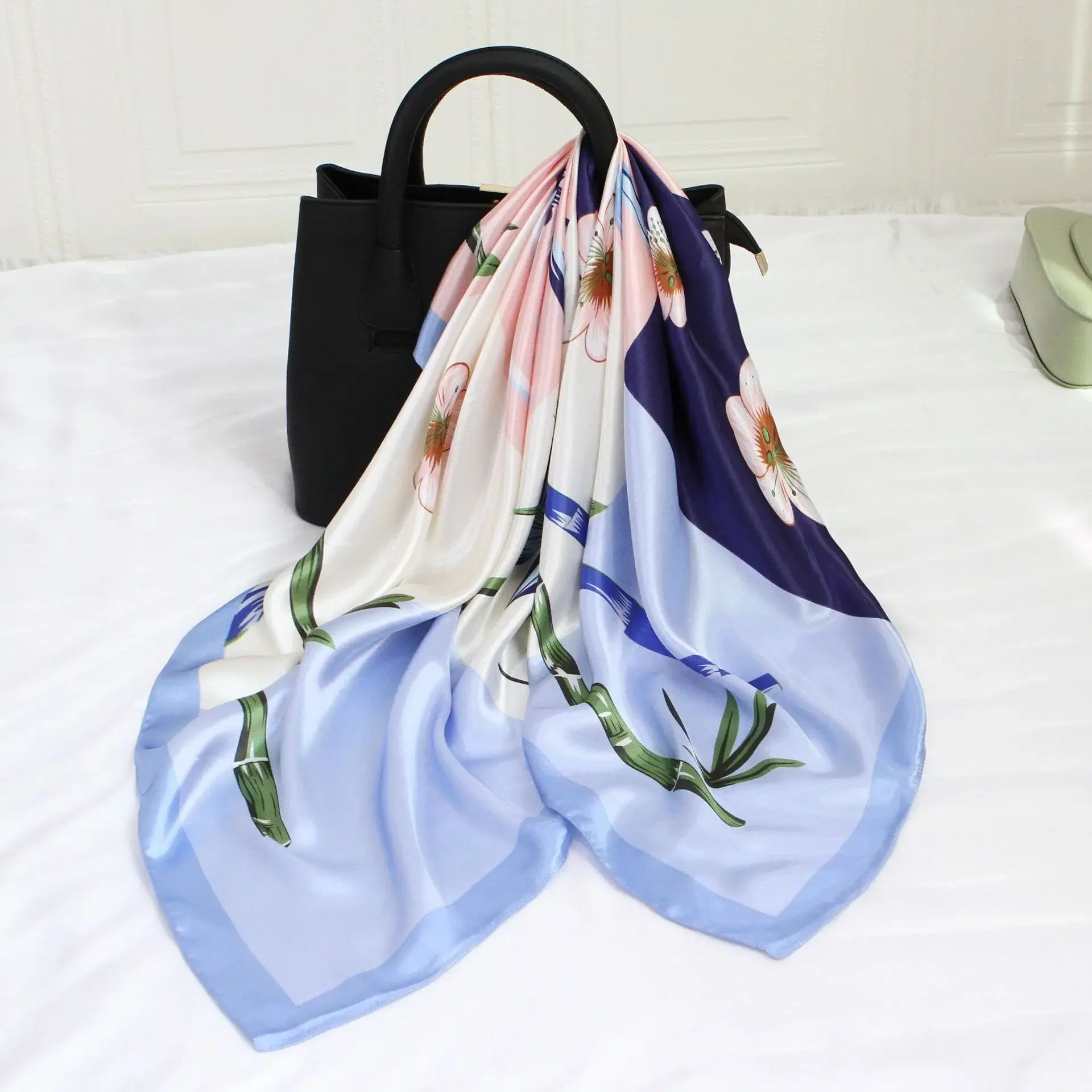 Women 90*90cm Headband Hijab Faux Silk Satin Printed Scarf Lady Square Bandana Simple Accessories Girl 