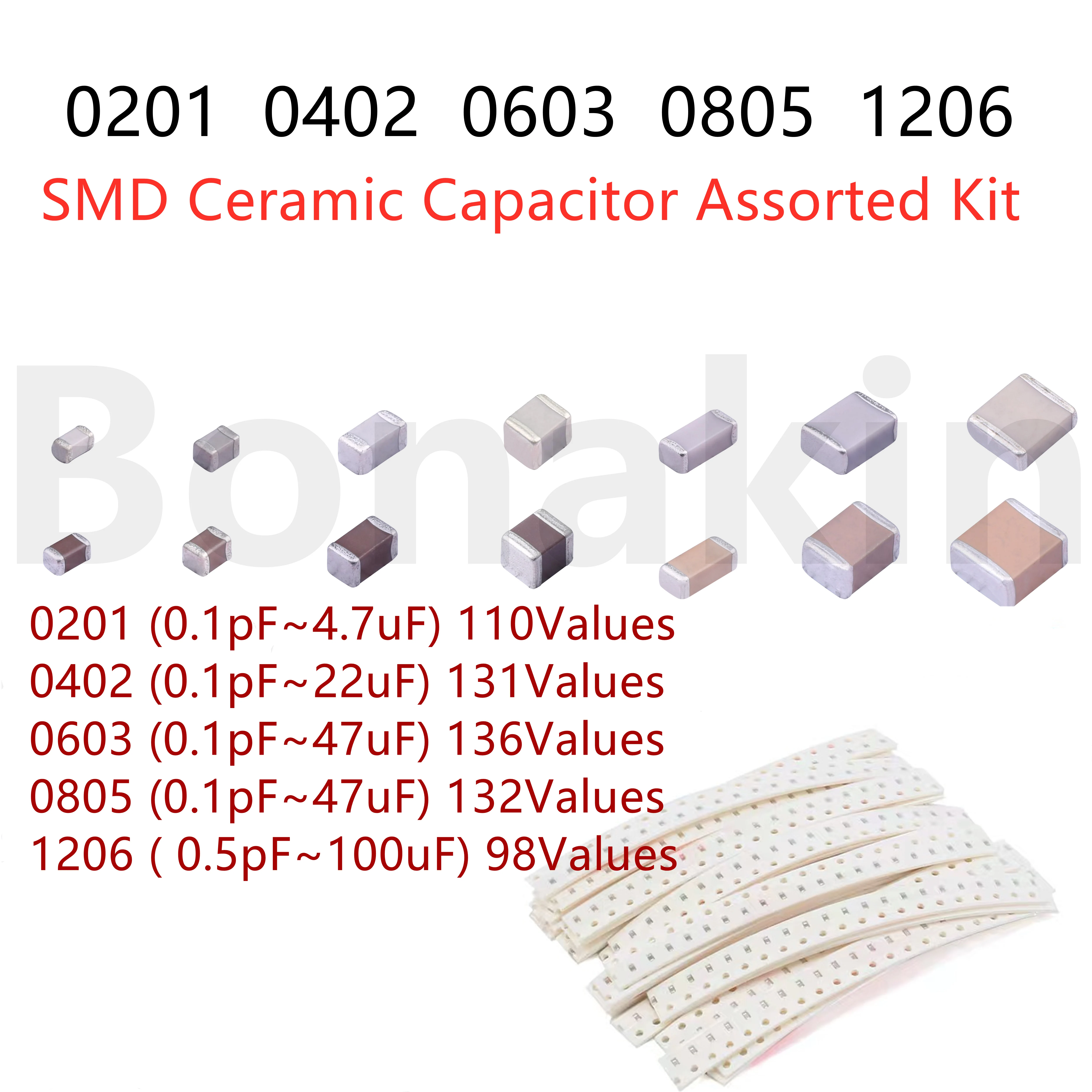 

0201 0402 0603 0805 1206 SMD Ceramic Capacitor Assorted Kit 22PF 100PF 10NF 100NF 1UF 2.2UF 4.7UF 10UF 22UF Chip Capacitance Set