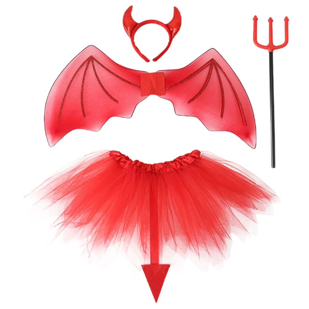 

1 set Devil Wing Set Halloween Costume Accessories For Women Kids Cosplay Party Dress Up Skirt Horn Headband Fake Wings Fork