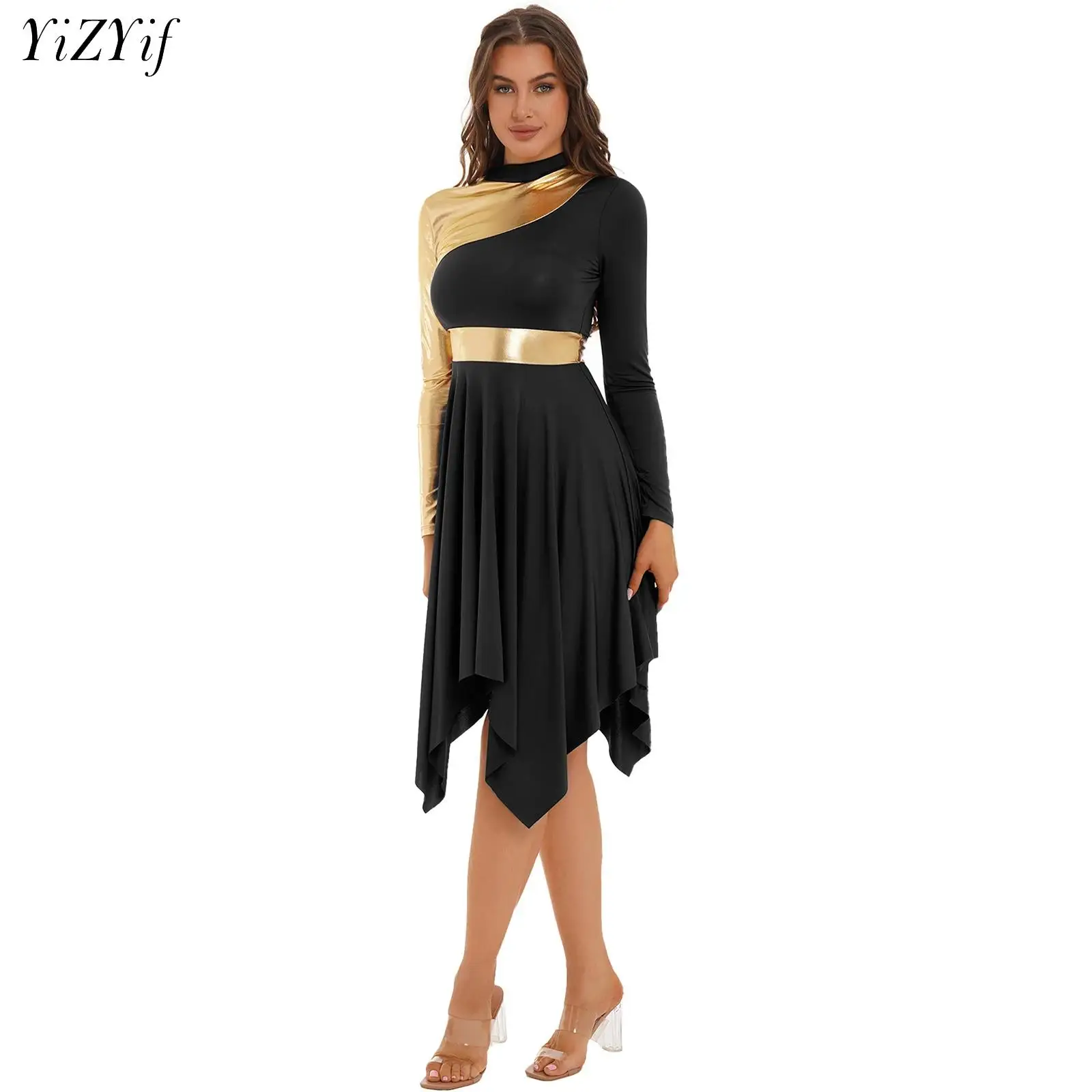 Women Ballet Dance Dress Modern Lyrical Ballroom Performance Costume Long Sleeve Asymmetrical Hem Dresses for Gym Figure Skating