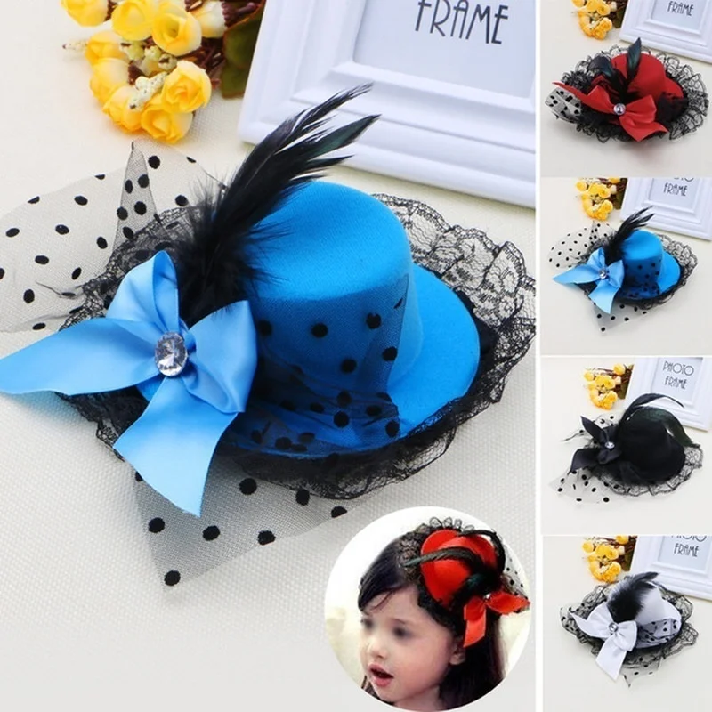 Fashion Girls Feather Rose Top Hat Cap Lace Fascinator Accessories Girls Pastoral Headwear Hairpin Hair Accessories for Girls