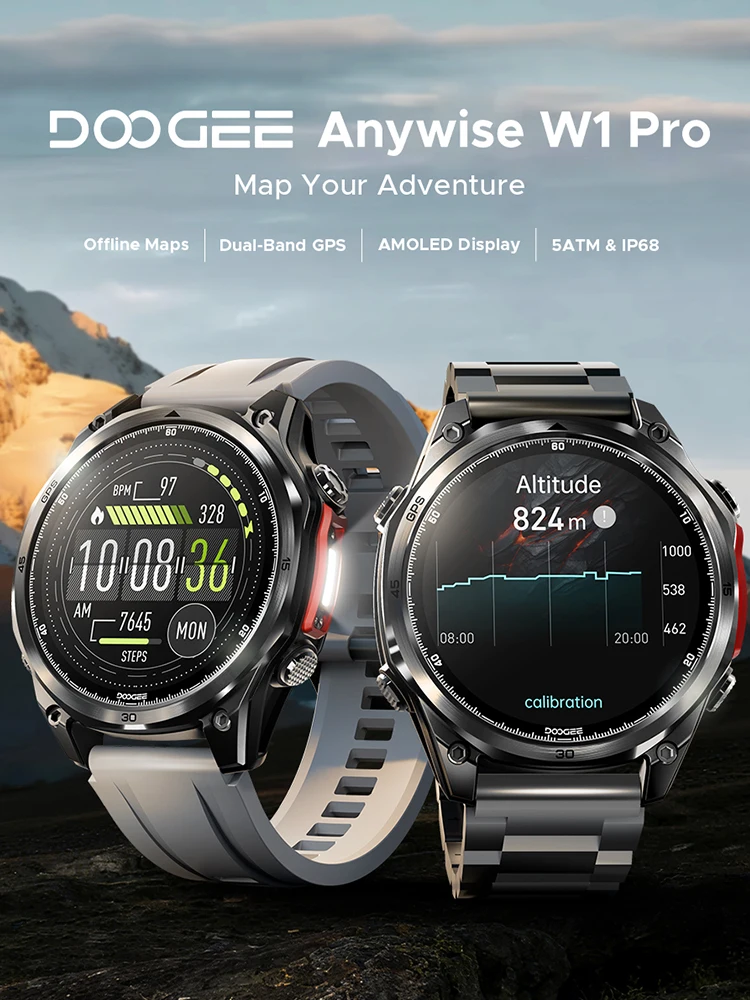 DOOGEE ANYWISE W1 PRO Smartwatch, 5 ATM Wasserbeständigkeit, Offline-Karte, Dualband-GPS, Gesundheitsüberwachung, Erinnerungsfunktion, lokale Musik
