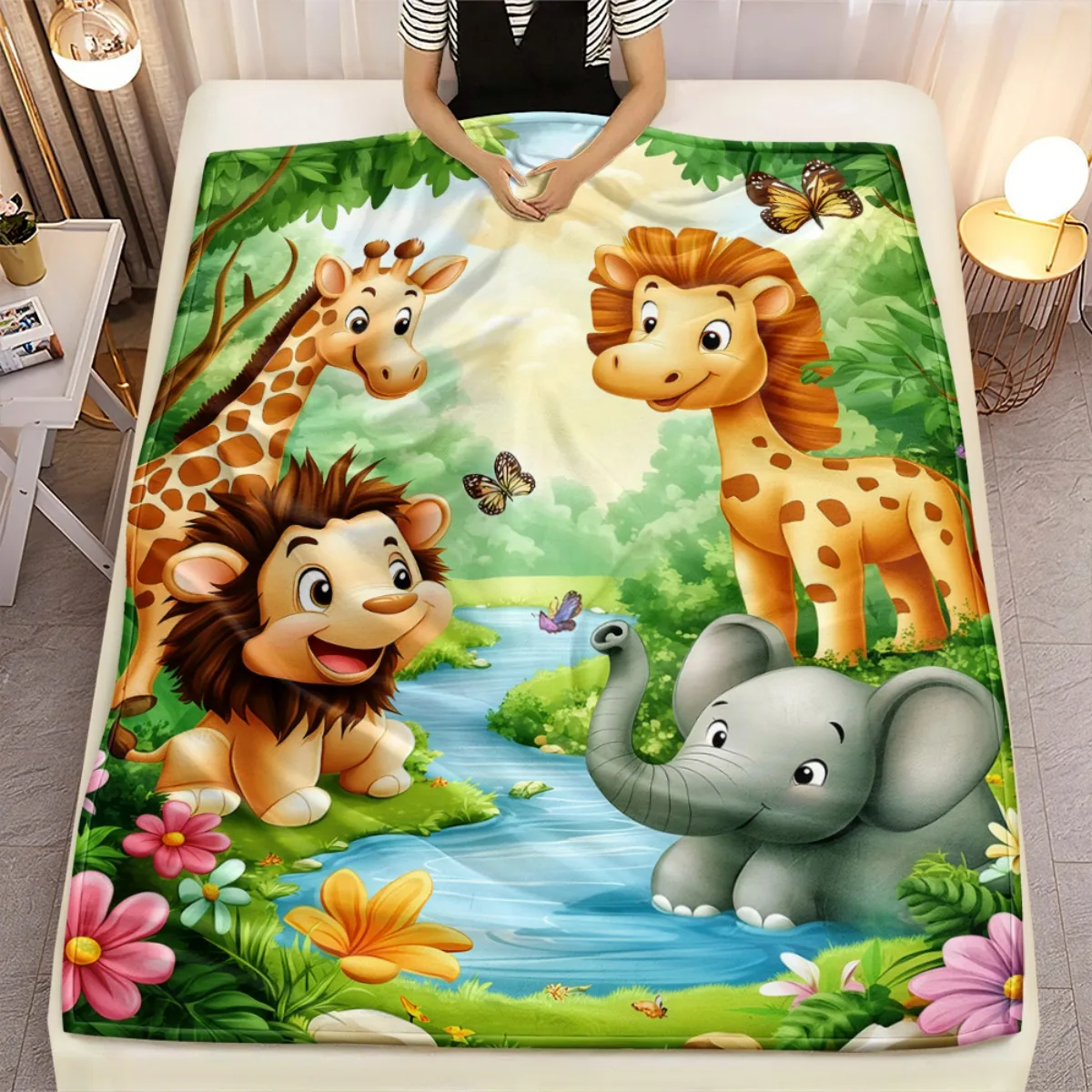 Cartoon jungle animals liongiraffe elephant printed blanket kids blanketbabyblanket soft flannel blanket for children room decor