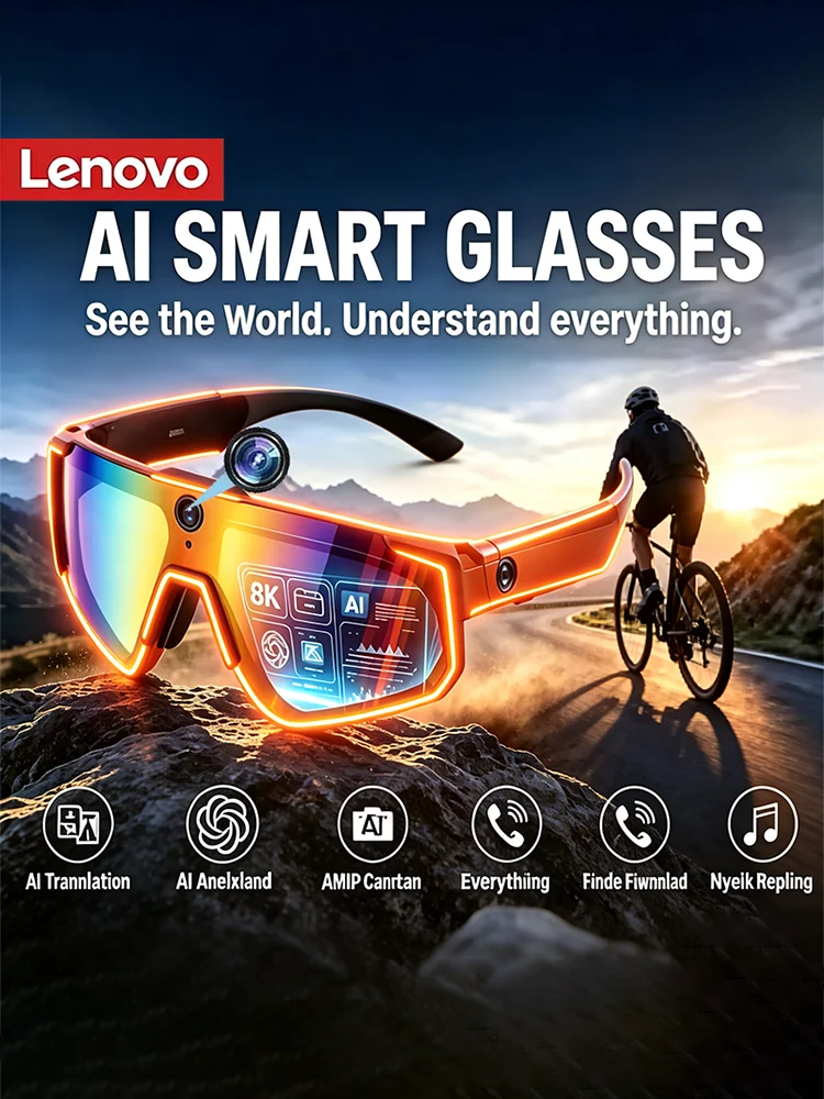 Lenovo 2026 Nowe inteligentne okulary AI z kamerą 1080P 8MP, ChatGPT, stabilizacja obrazu, sportowe okulary przeciwsłoneczne, wideokamery do jazdy na rowerze, podwójny mikrofon, 32GB (Purple) — Zdjęcie 2 z 2