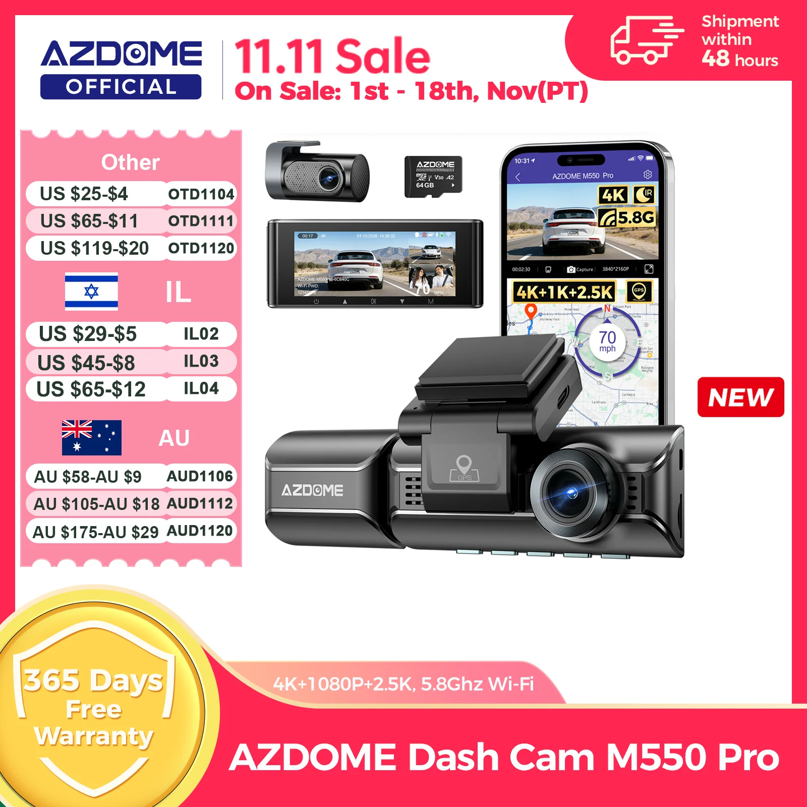업그레이드 AZDOME M550 프로 대시캠 4K 전방 대시캠 자동차 5.8GHz 와이파이 GPS G-센서 차량용 DVR 6 IR 야간 시야 주차 모니터