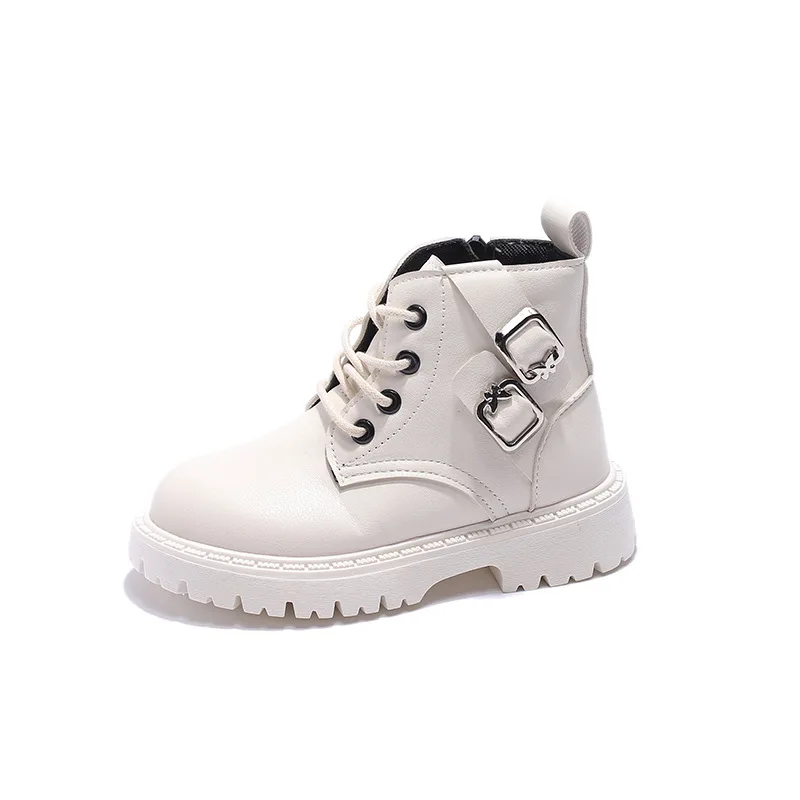 Autumn Girls Leather Boots Princess Fashion Double Metal Buckle Design Short Boots Baby Soft Anti-slip High-top Boots