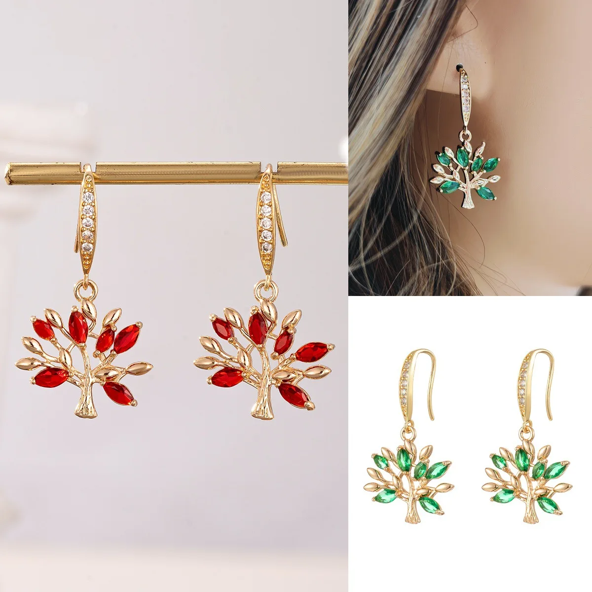Natural Tree Design Yellow Gold Color Women's Drop Earring Luxury Style Red/green Zircon Jewelrys Birthday New Year Gifts