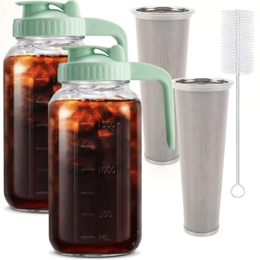 

Set of Cold Brew Coffee Maker 64oz/ Quart Glass Pitcher with Stainless Steel Filter and Pour Spout Handle Lid Mason Jar for Mak