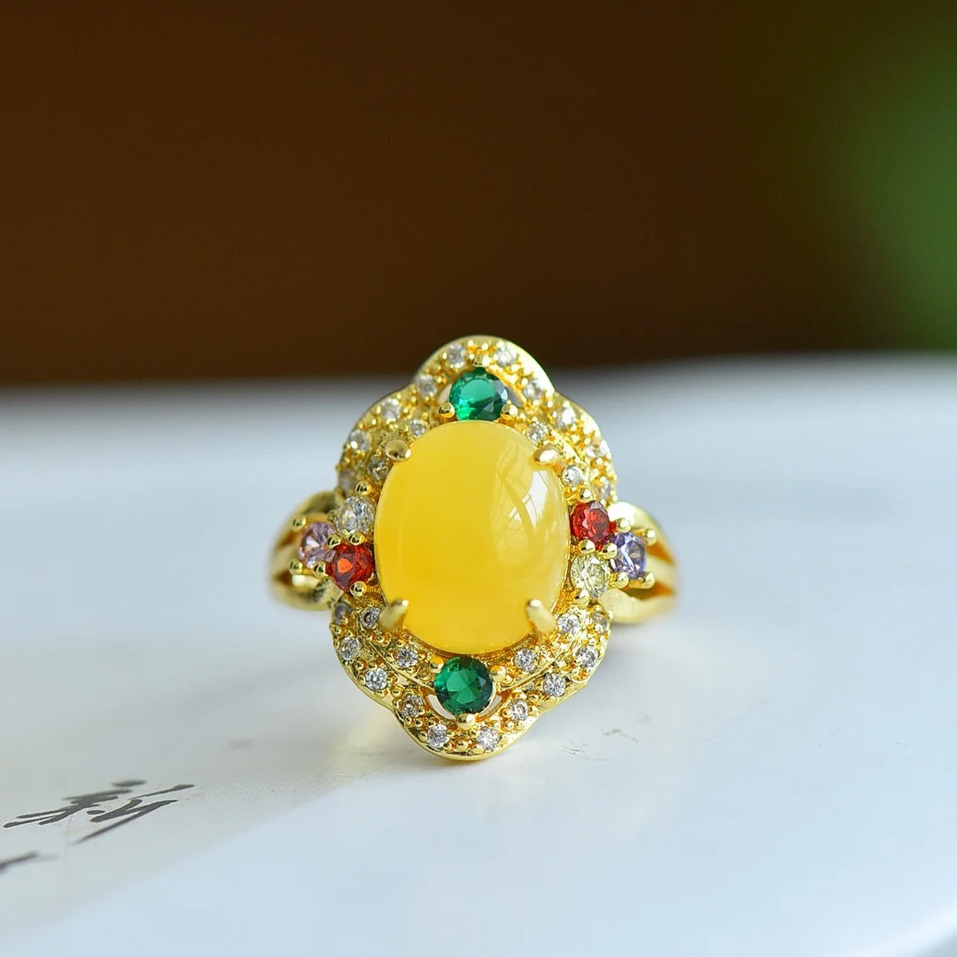 

National fashion style ancient gold-plated natural beeswax living jade ring