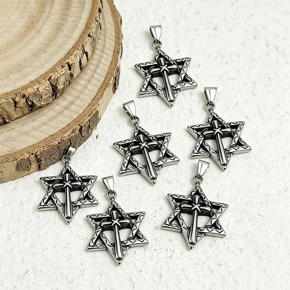 Punk style six-pointed star cross stainless steel pendant, waterproof and non-fading blackening process, retro  accessories