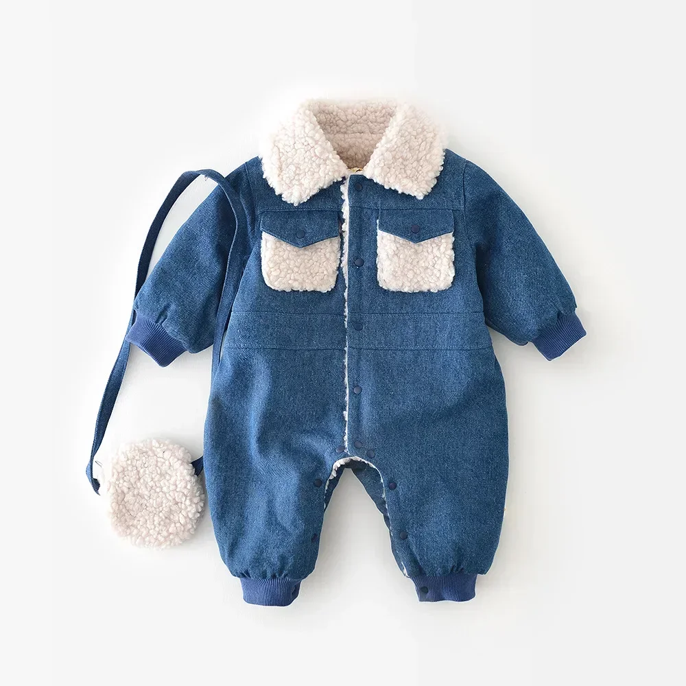 

New Winter Denim Baby Clothes Lamb Wool Kids Jumpsuit for Boys Girls Patchwork Long-Sleeved Toddler Infant Romper with Bags 2023