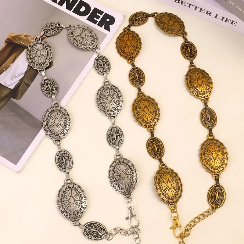 Metal Bohemia Waist Chain Women Vintage Hollowed-out Carved Silver Gold Crop Tops Decoration Waist Belt Dress Jewelry Accessory