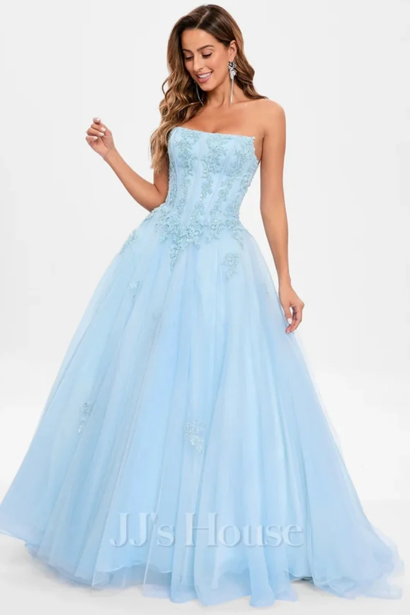 Jessica Light Blue Prom Dresses Embroidered Lace Tulle Wedding Dress Sexy Off-shoulder Elegant Robes De Soirée Customized 2025