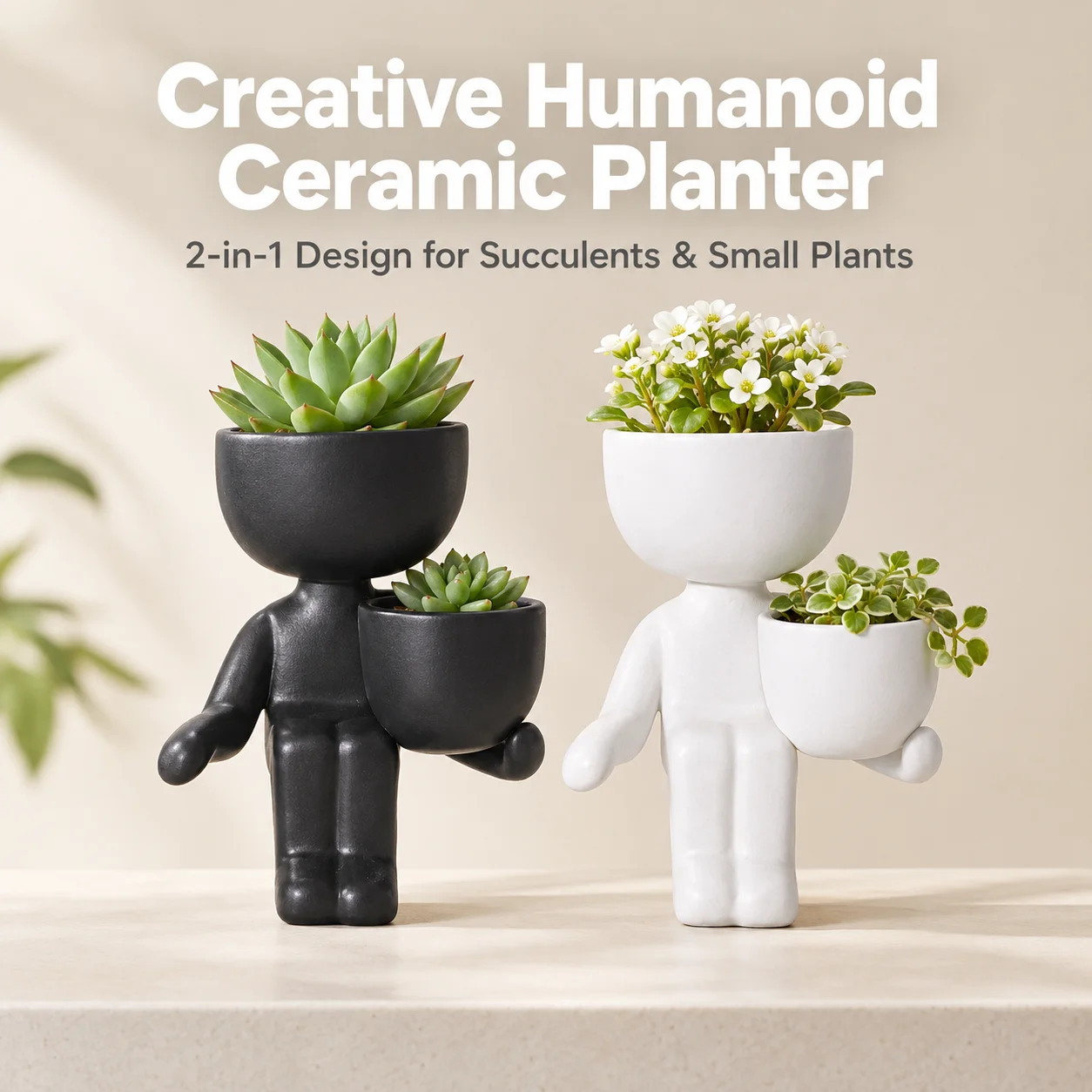 Minimalist Tiny Ceramic Planter Mini Succulent Pot with Drainage Hole Cute Human Figure Design Home Office Desk Decor Garden