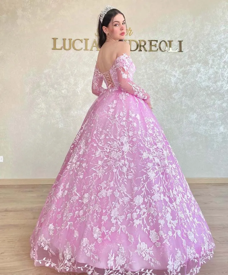 Luz rosa laço apliques princesa vestido de casamento fora do ombro com decote em v destacável tule manga voltar rendas até vestidos de noiva 2022