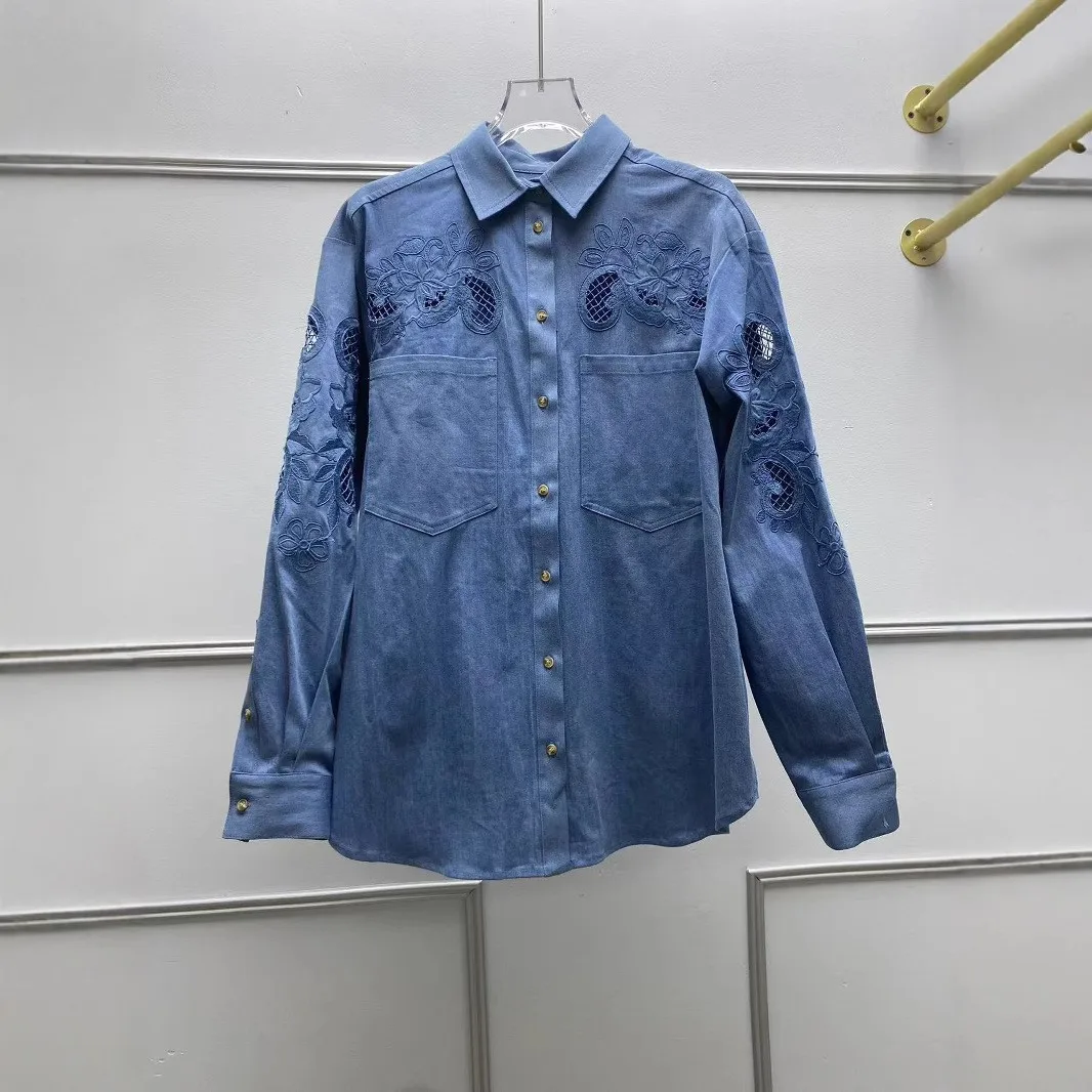 Sezanes 2025 shirt fashion summer new retro embroidery splicing lace hollow commuter hundred loose long-sleeved T-shirt