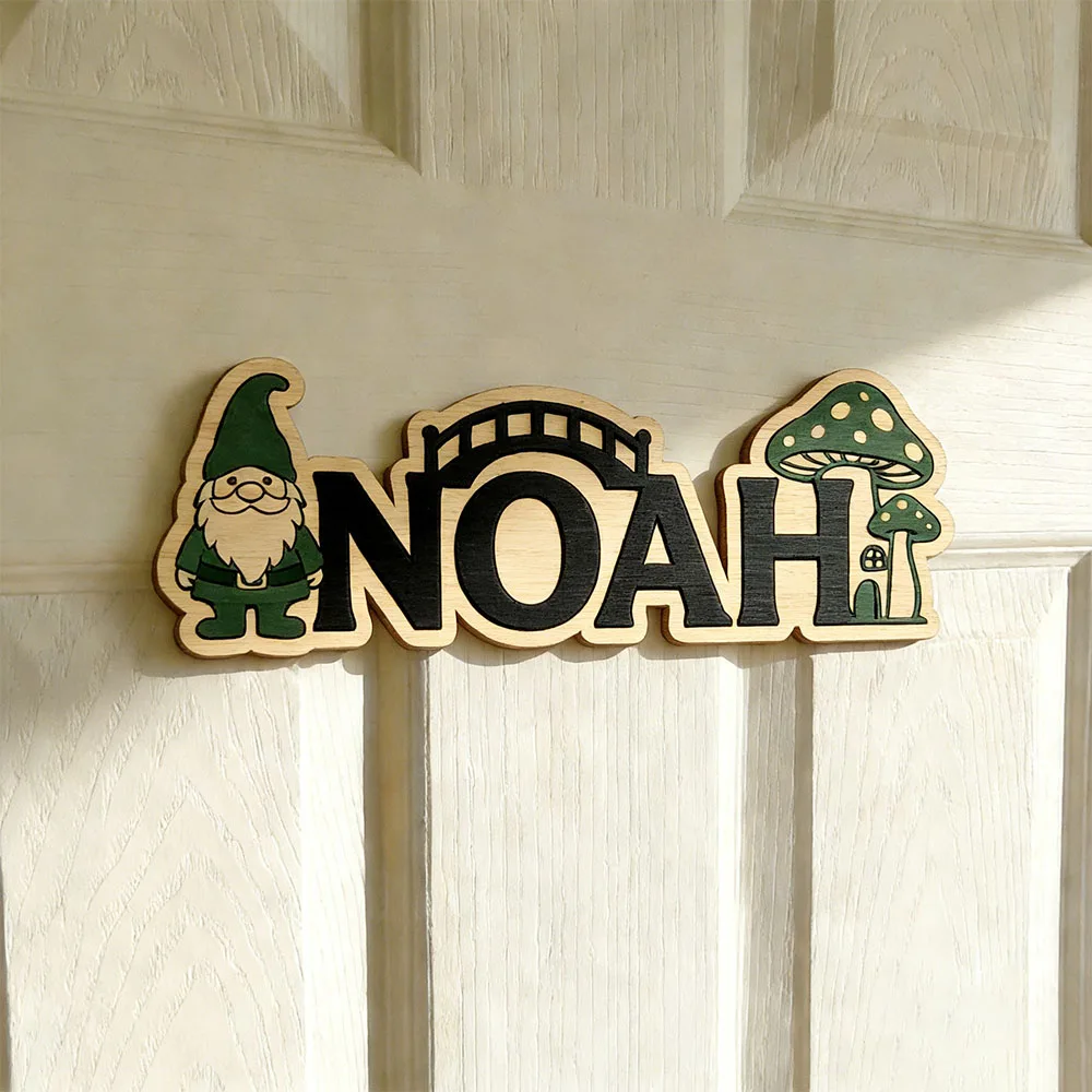 Personalized Gnome & Mushroom Name Sign, Wooden Forest Nursery Decor, Cute Kids Door Plaque, Unique Whimsical Gift