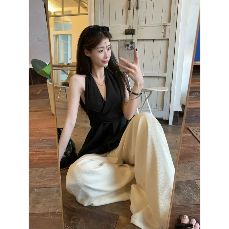 Women's White Halter Neck Sleeveless Wrap Blouse Tie Waist Ruffled Peplum Casual Elegant Top