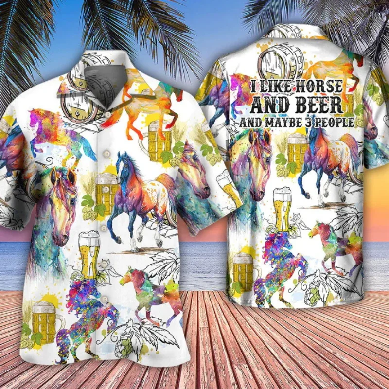 Full Print Horse Racing And Beer Graphic Hawaiian Shirts For Men Casual Short Sleeve Button Aloho Shirts Gift For Horse Lover