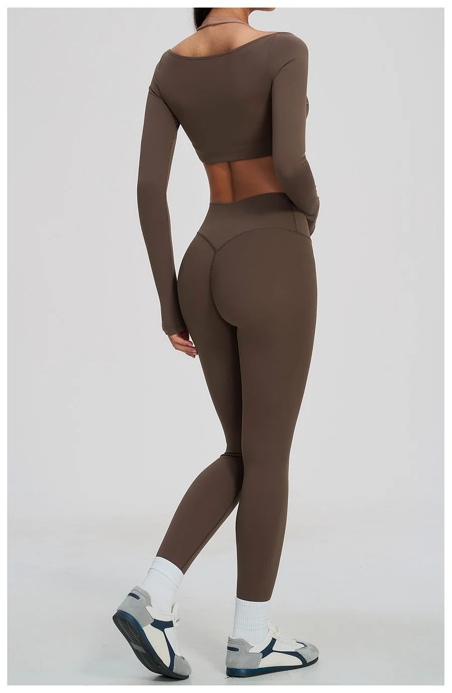 Yoga-Set 2-teilig, Fitnessbekleidung, Trainingsanzug, Lauf-Sportbekleidung, Outfit, hochtailliert, weites Bein, langärmeliges Crop-Top – Detail 12