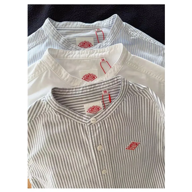 

Long Sve Ox Cloth irt Women's Collar Stand Ne Embroidery Pure Cotton Stripe Pattern Versatile Basic Top irt
