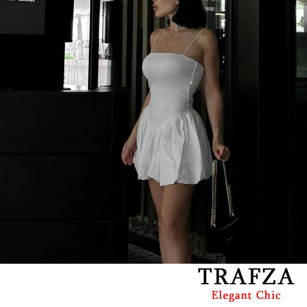 TRAFZA Sexy Casual Chic Women Mini Dress Solid Puffed Satin Paneled Cami Dress Fashion 2024 Summer Beach Holiday Evening Dress