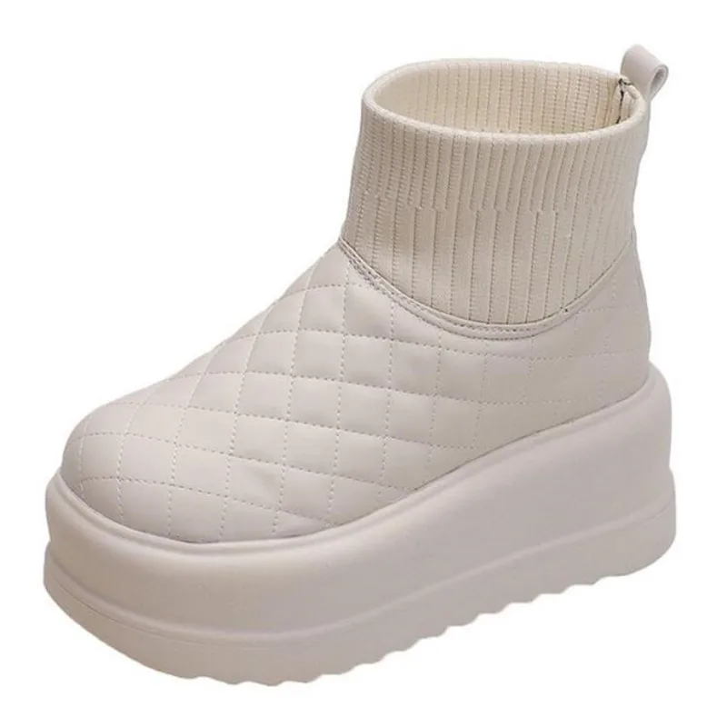 

Women Warm Plush Snow Boots New Winter Waterproof Leather Boots 7.5CM Heels Chunky Sneakers Thick Fur High Platform Ankle Boots