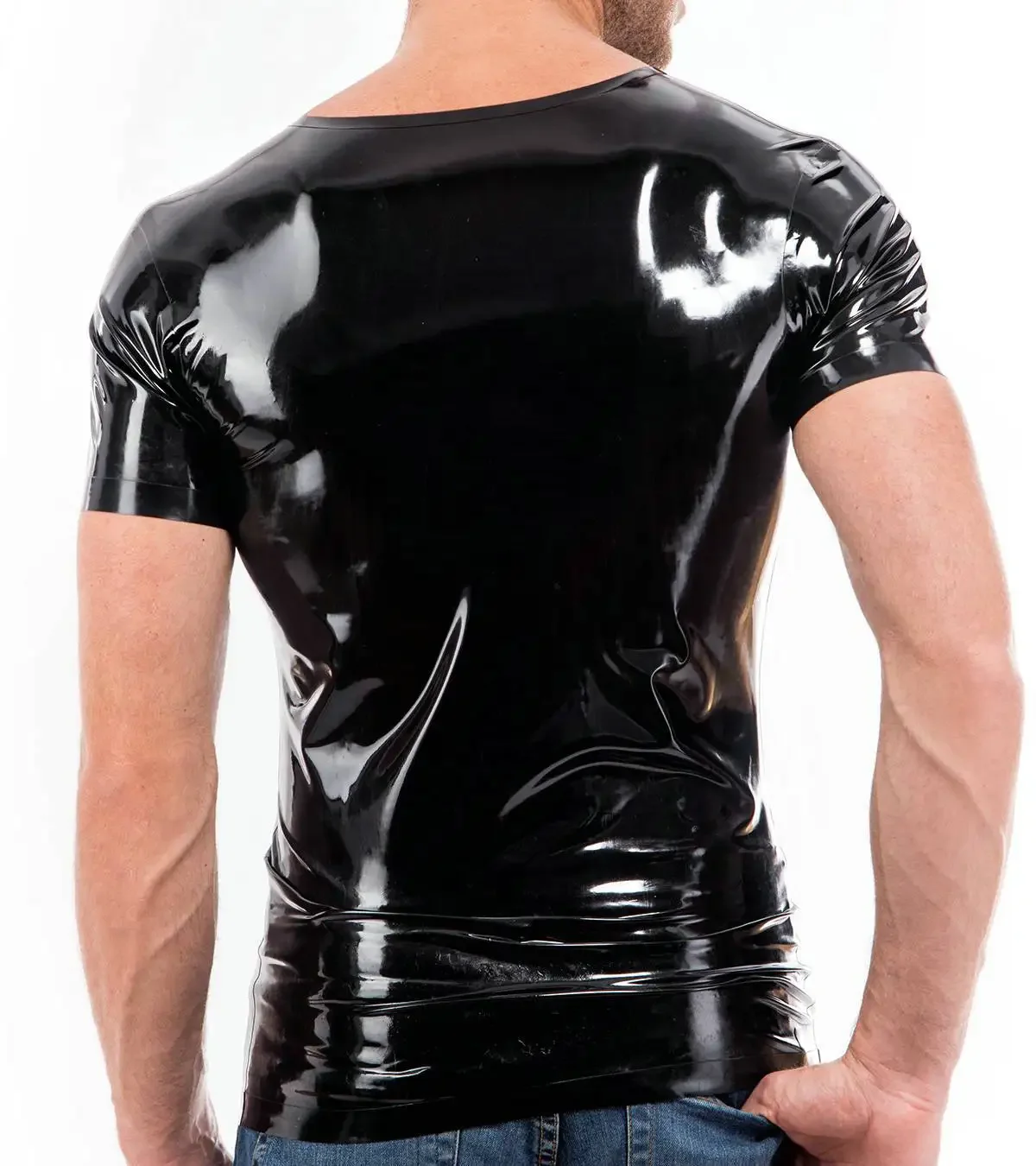 Black Latex ผู้ชายแขนสั้นเสื้อยืดเสื้อผ้านุ่มชายเครื่องรางเครื่องแต่งกายคลาสสิก Handmade เสื้อยางเสื้อ