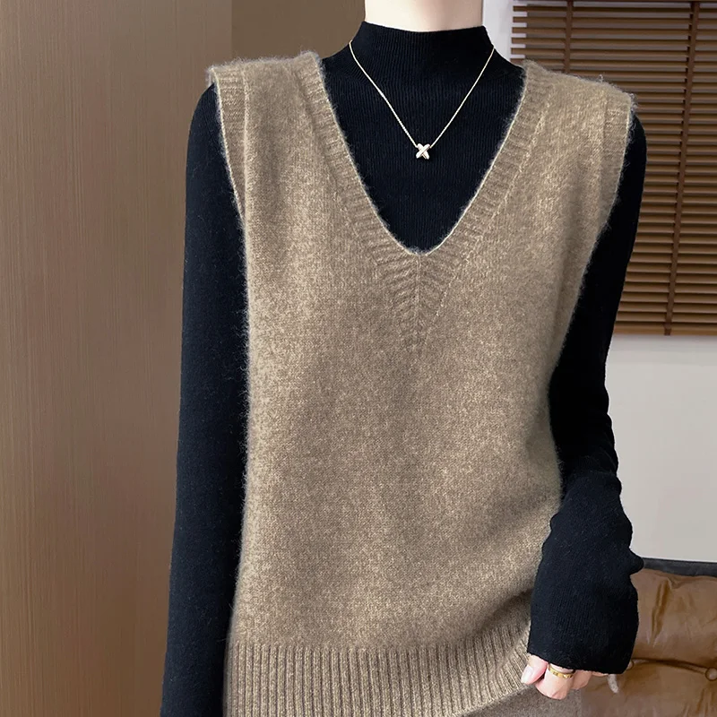 

V-neck Women's Wool Vests 100% Wool Knitwears 2024 Autumn/Winter New Fashion Pullovers Ladies Cashmere Tops