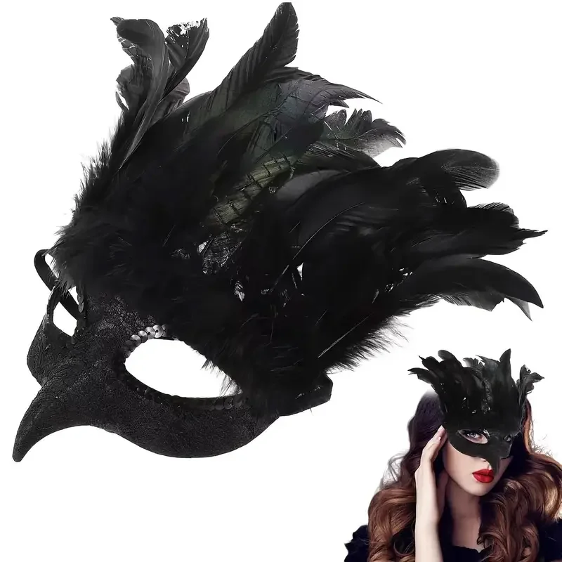 

Black Feather Animal Raven Half Face Mask Cosplay Crow Bird Mouth Masks Halloween Carnival Dress Up Party Costume Props