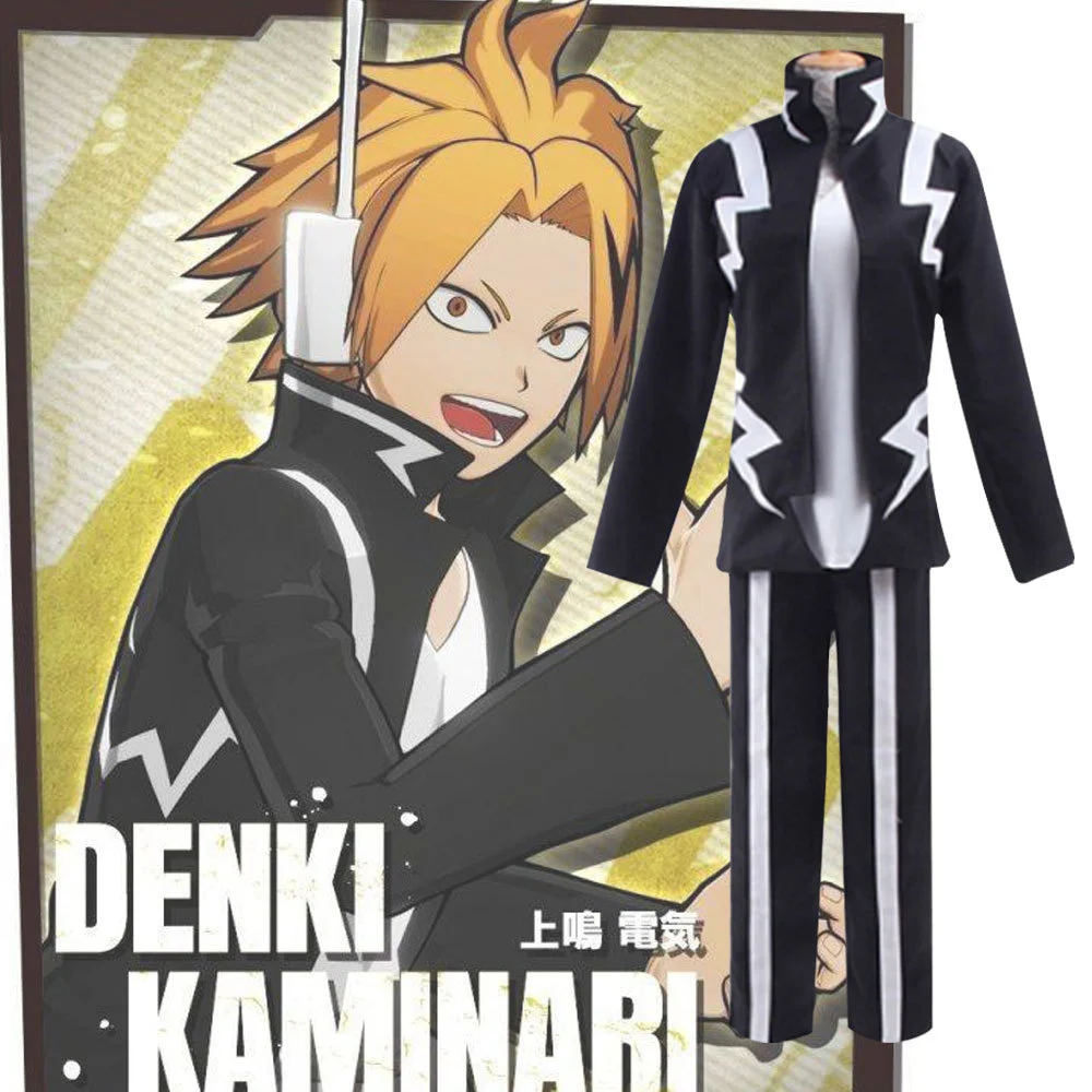 Anime My Hero Academy Denki Kaminari Halloween Black Lightning Unisex Uniform Suit Top + T-shirt + Pants Cosplay Costume