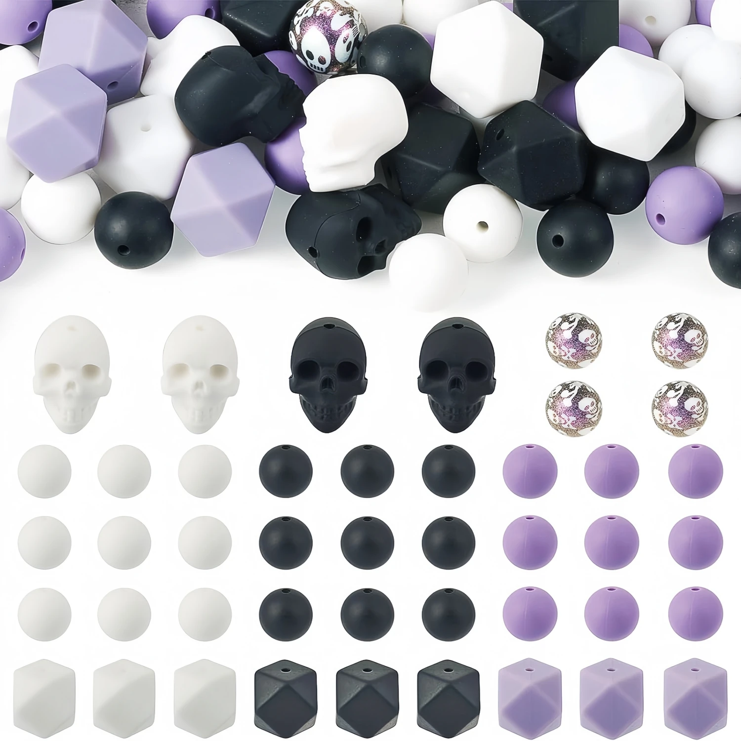 25/53pcs Halloween Silicone Beads 15mm Skull Head DIY Keychain Silicone Focus Beads Purple Black white Skull Skeleton Various Silicone Beads Bangle