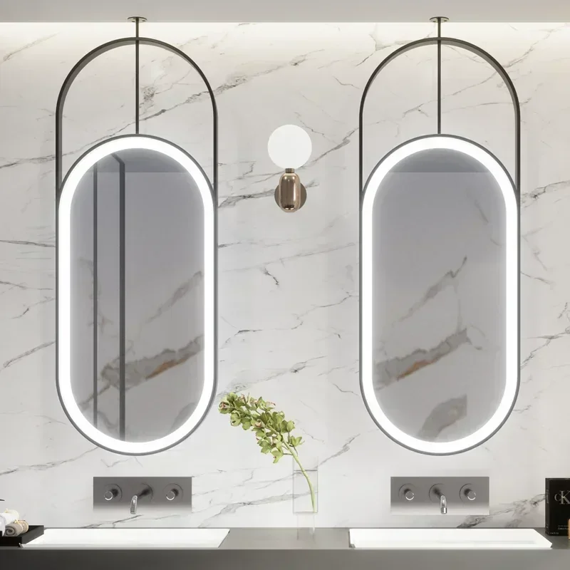 Home Decoration Hollow Hanging Oval Mirror Ceiling Hanging Makeup Bathroom Mirror Light Wall Aesthetic Miroir Salle De Bain