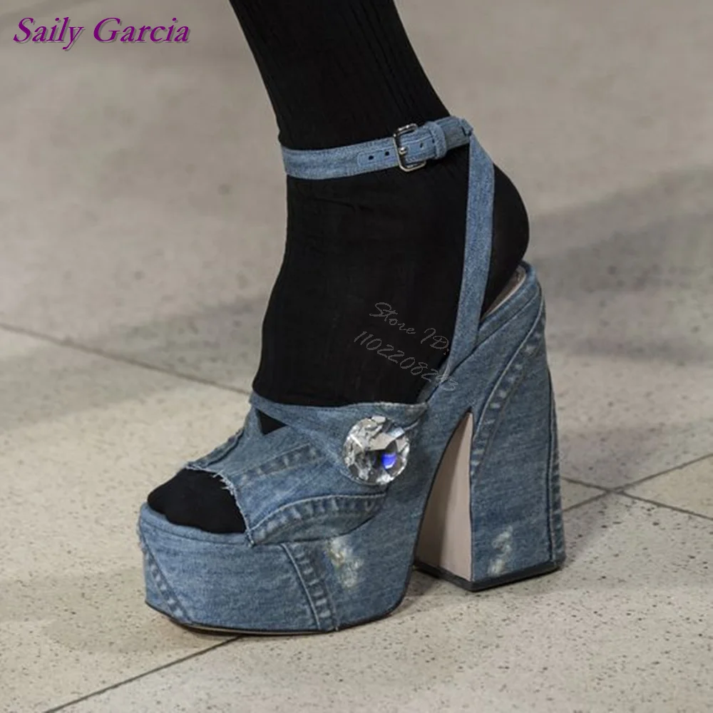 Sandalias de plataforma de cristal ostentoso para mujer, zapatos de tacón cuadrado con punta redonda y hebilla, color azul vaquero, 2024, nuevos zapatos de vestido de novia