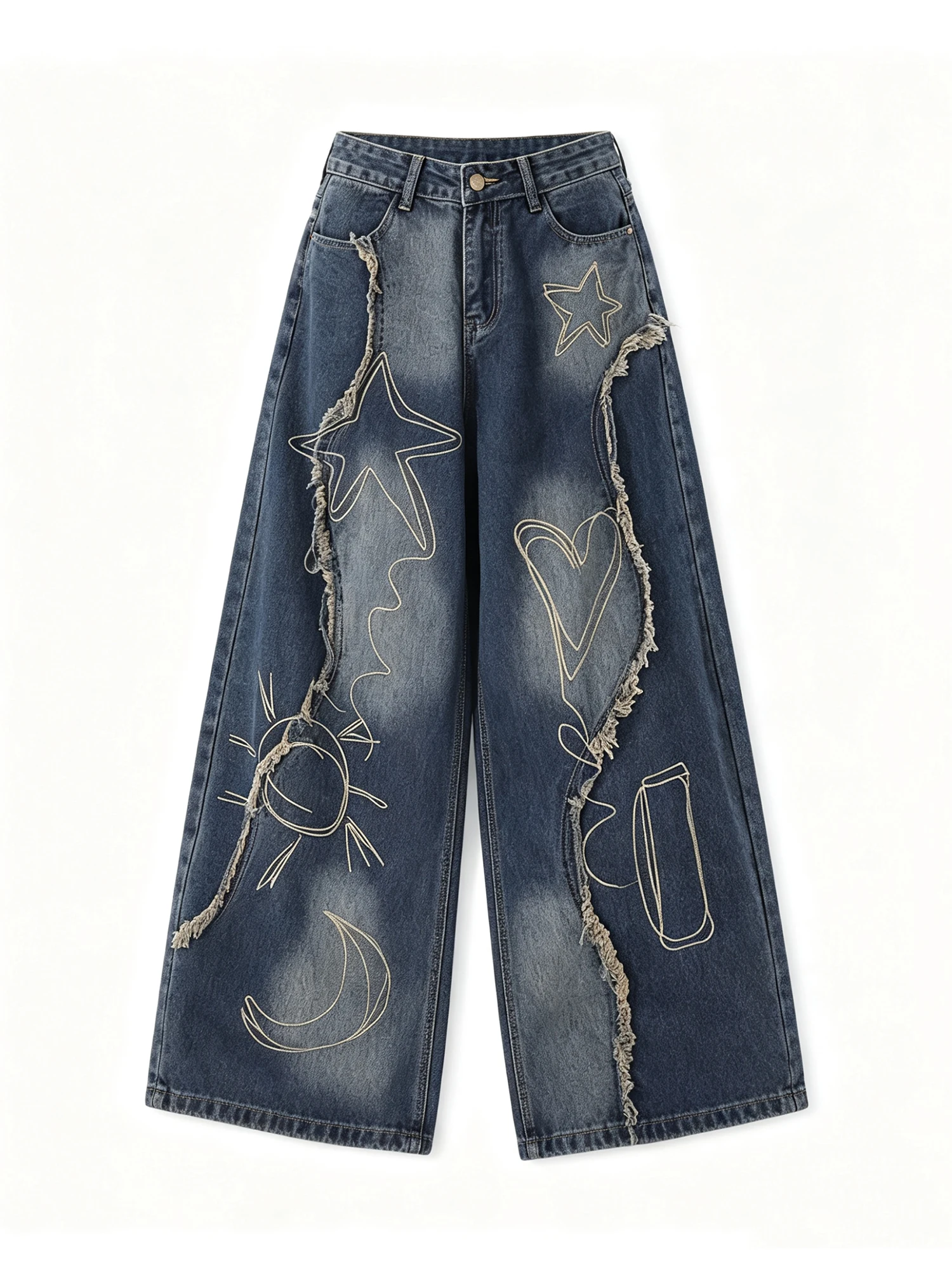 

Women's Blue Graffiti Y2k Gyaru Jeans Vintage Hiphop Grunge Baggy Denim Pants Washed BF Style Wide-Leg Denim Trousers for Women