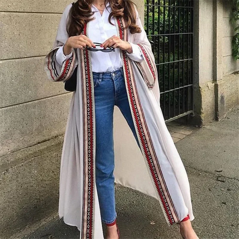 Weiße Chiffon lange Maxi Kimono Strickjacke Frauen Strand vertuschen Stick kante mit Gürtel Tunica Kaftans Femininos Beach wear