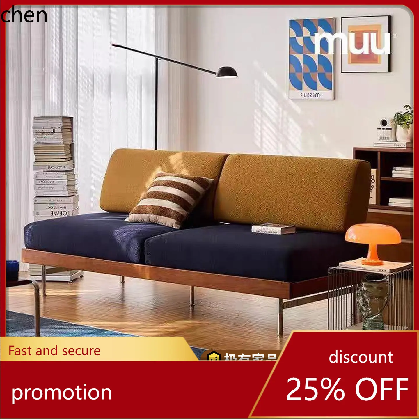 

CZ Simple Stainless Steel Two-Seater Sofa with Backrest, Solid Wood Walnut Color, Soft Cushion, Hotel and B&B Leisure Chair