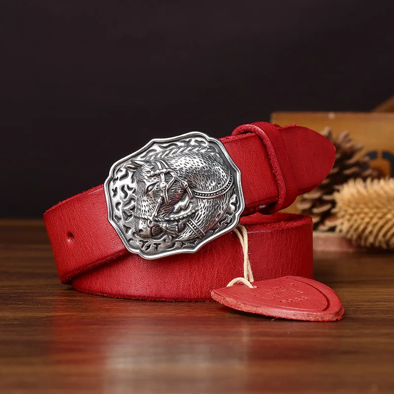 Women's Retro Silver Horsehead Buckle Belts Woman Genuine Leather Top Layer Cowhide Trendy Fashion Jeans Smooth Buckle Belt