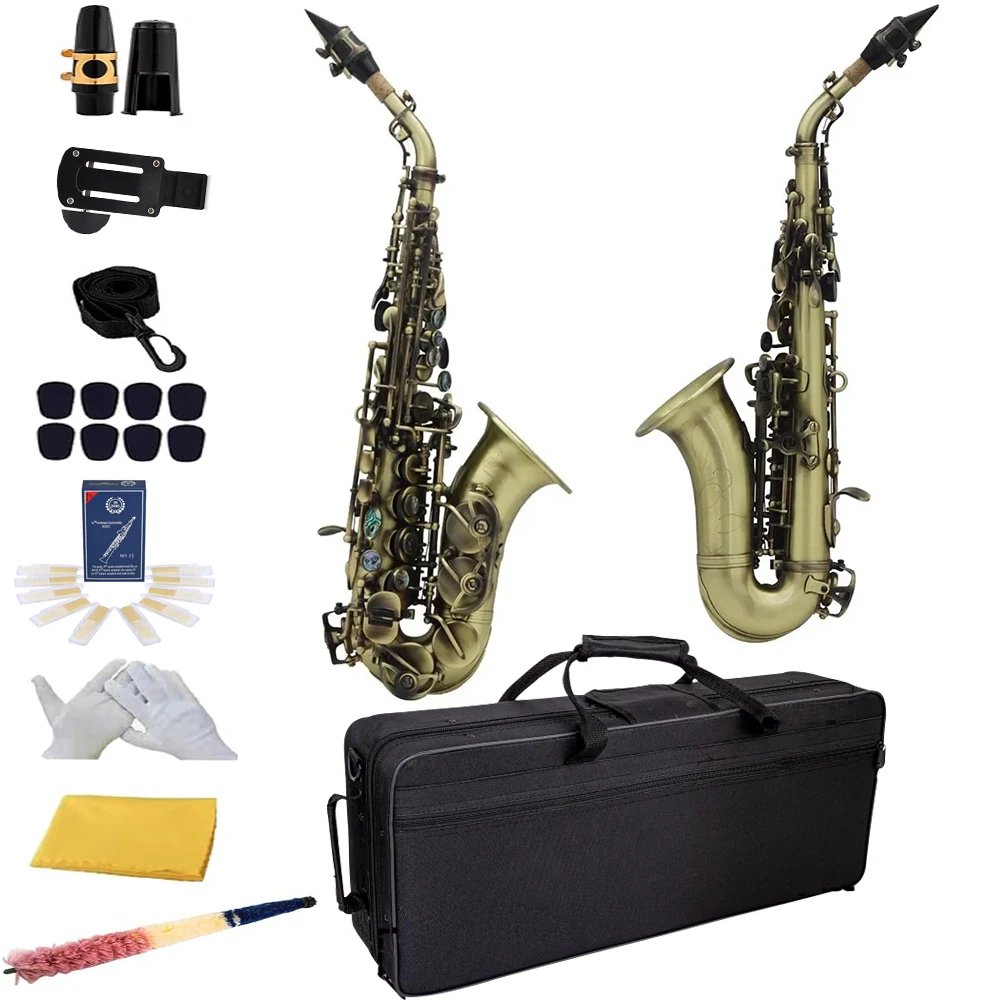 Cyan Antique Bb Soprano Saxophone Small Bend Pipe Sax bronze Copper Tube Body Carved Abalone Shell Button Saxfone