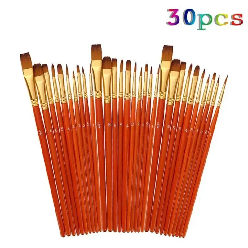 30Pcs Artist Nylon Paint Brush Professional Watercolor Acrylic Wooden Handle Painting Brushes Art Supplies Brush Pen Stationery