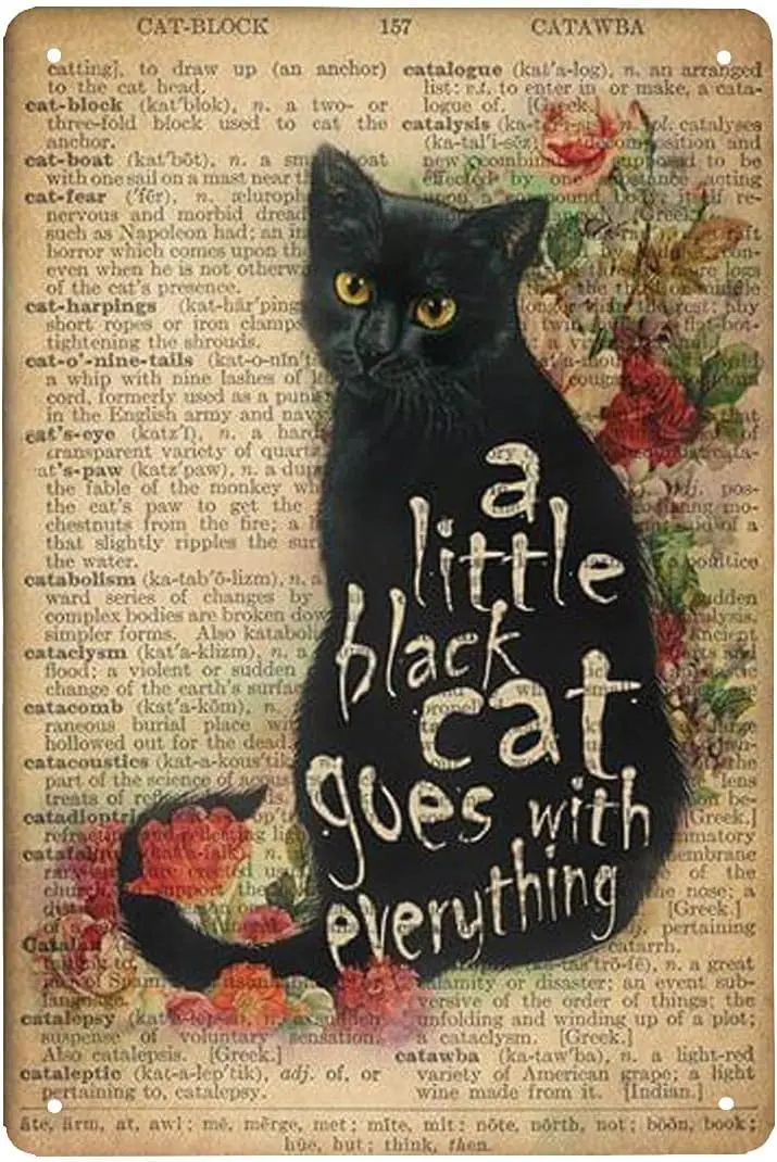 Rose Dictionary a Little Black cat goes with Everything Retro Metal Tin Sign Vintage Aluminum Sign for Home Coffee Wall Decor 8x