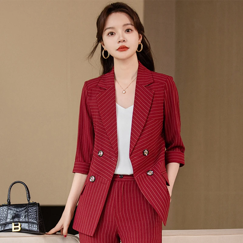 Office Ladies Pant Suit Women Black Brown Red Plaid Female Business Work Wear Jacket Blazer and Trouser Formal 2 Piece Set