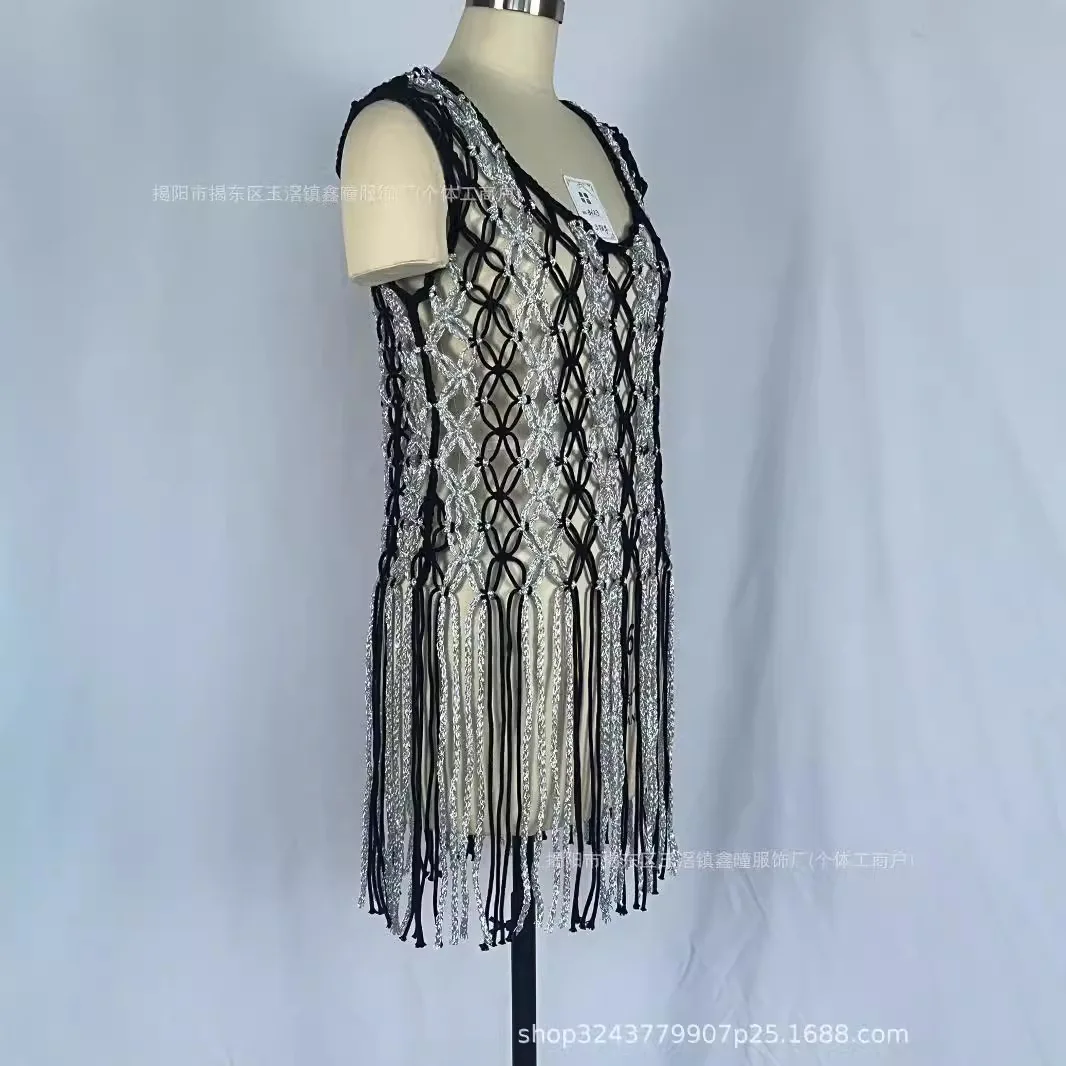 8623 Sexy Women's Bohemian Tassel Cutout Black Silver Vest Camisole Sleeveless Fashion Design Women's Hand Woven Haute Couture