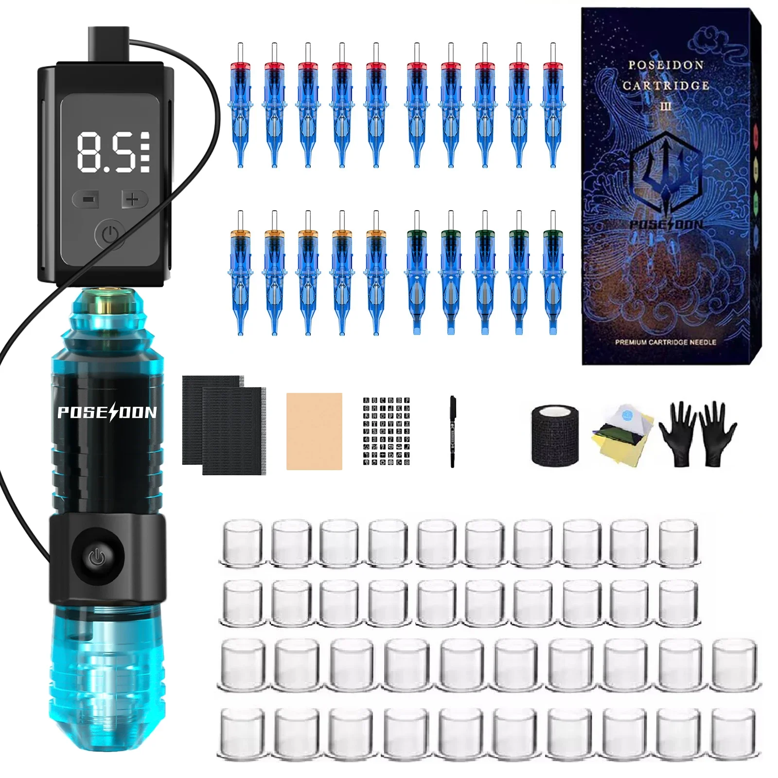 POSEIDON Tattoo Kit Or Tattoo Machnie Finger Controlled For Permanent Makeup Tattoo Machine Blue Power Supply Tattoo Gun Kit