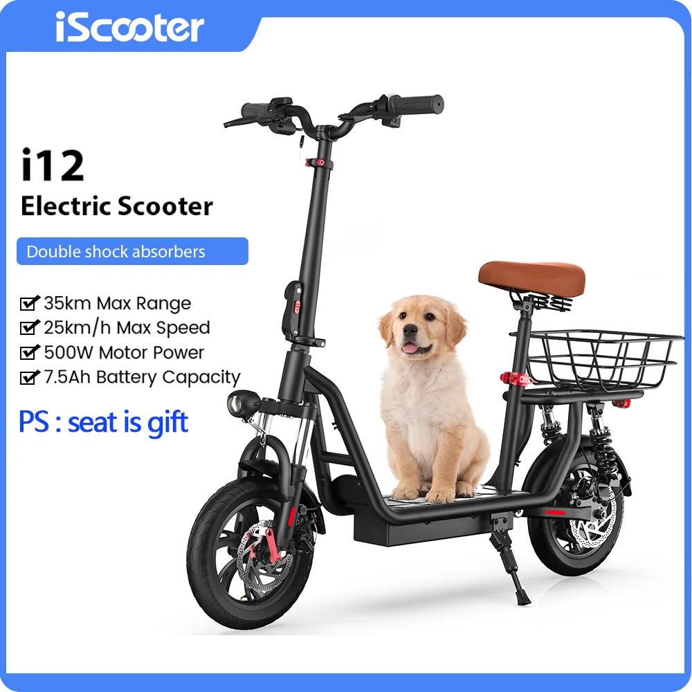 IScooter Trottinette Électrique i12 Avec Siège Et Panier, 12 Pouces, 500W, Pliable, 36V 7.5Ah, Autonomie Maximale De 35km, Scooter de Mobilité