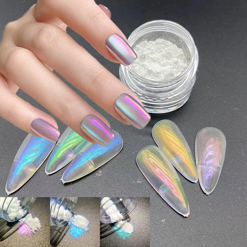 1 Bottle White Chrome Nail Powder Aurora Mirror Chameleon Nail Art Glitter Pigment Ultra-Thin Iridescent Polarized Nail Rub Dust