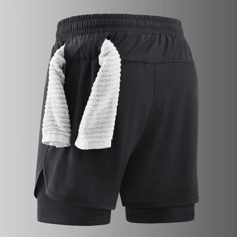 جديد الرجال طبقة مزدوجة سراويل اللياقة البدنية الرجال اللياقة البدنية الصالة الرياضية التدريب 2 في 1 السراويل الرياضية سريعة الجافة تجريب الركض سطح مزدوج الصيف