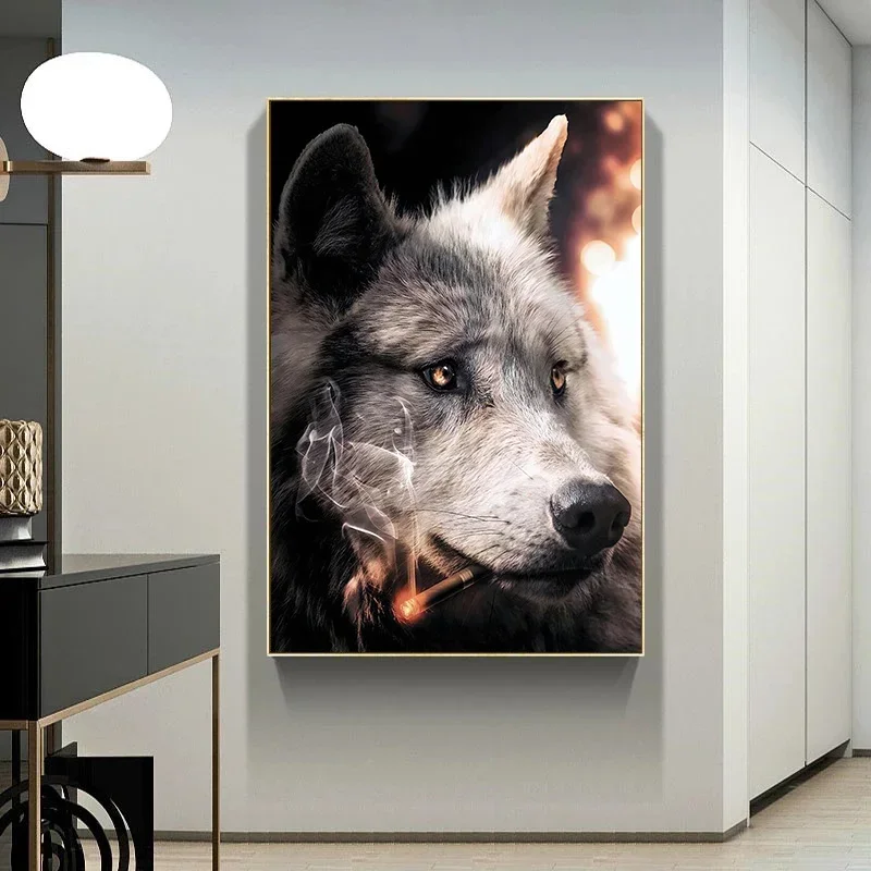 Smoking Wolf Canvas Posters and Prints Funny Wild Animal Canvas Painting Modern Wall Art Pictrues for Room Home Decor (No Frame)