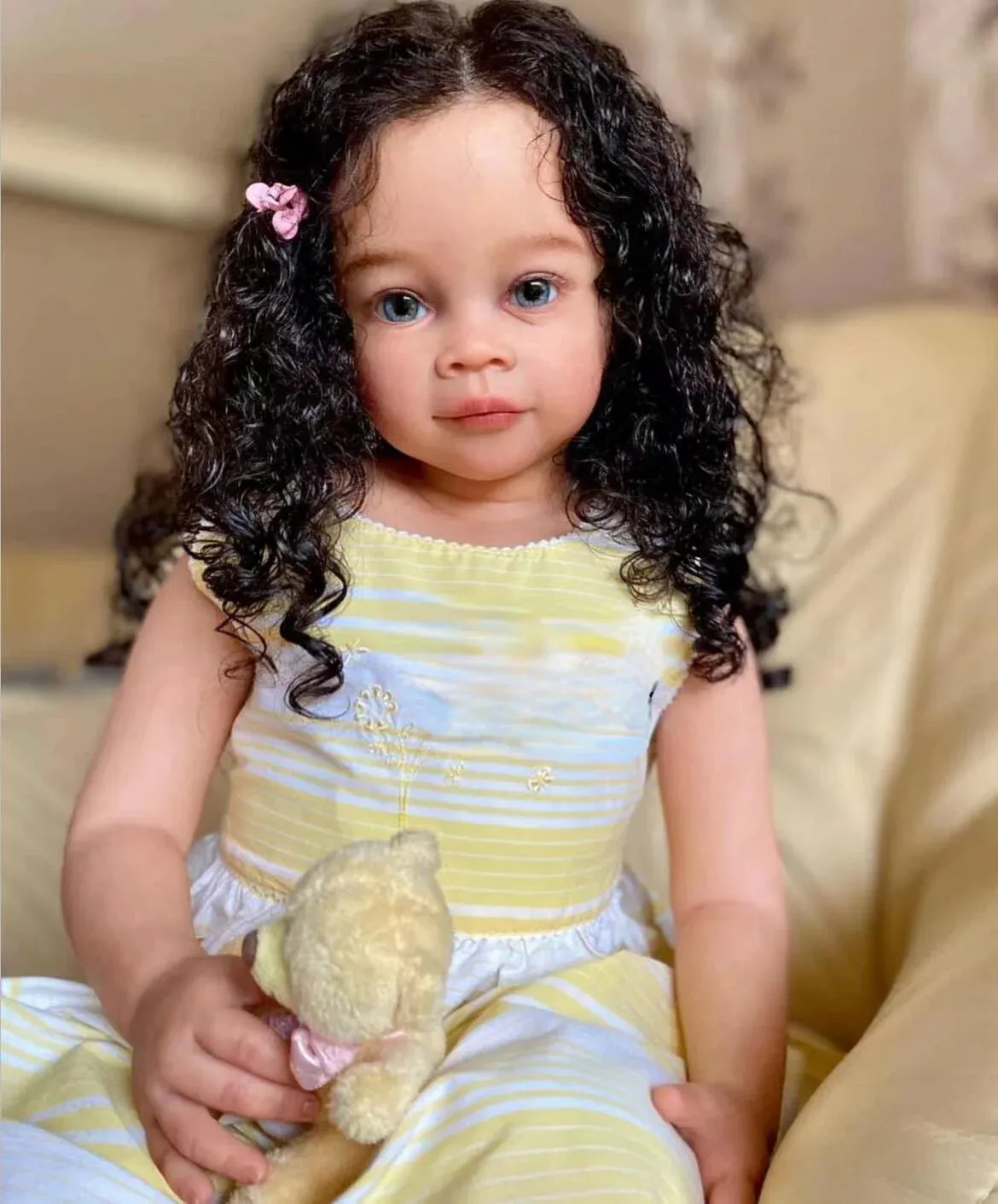 MEILI 28in Realistic Toddler Reborn Baby Doll Hand-Rooted Black Hair Light Tanned Skin Tone Girl Gift