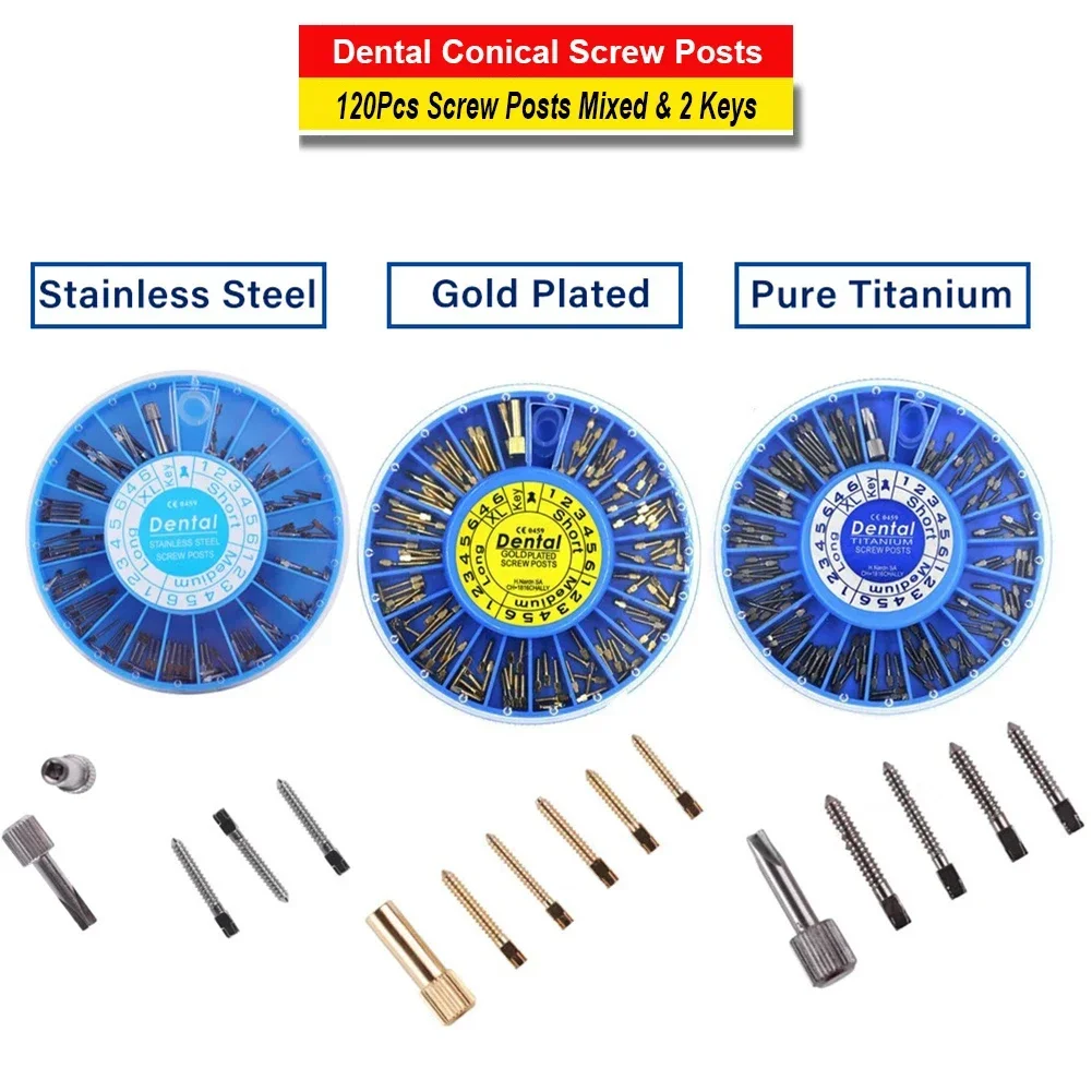 120Pcs Dental Conical Screw Post Core Stainless Steel Titanium Euro Post Endo Implant Kit Dentist Teeth Restorative Quartz Glass